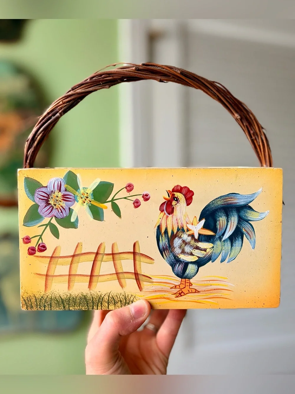 Vintage Hand-Painted Rooster Rectangular Storage Bin Basket Eith Woven Handle